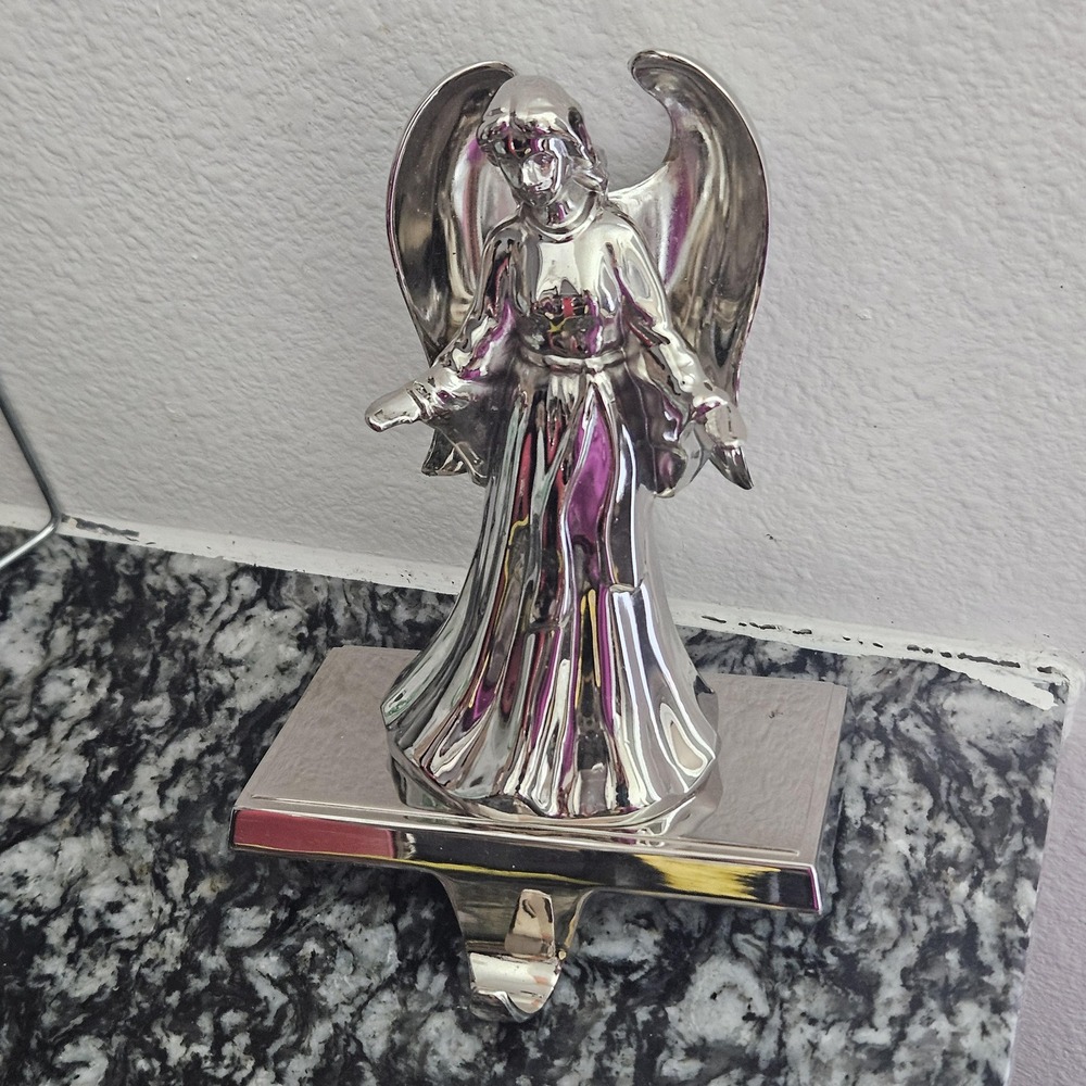 Solid Angel Christmas Stocking Holder Silver Metal Figurine